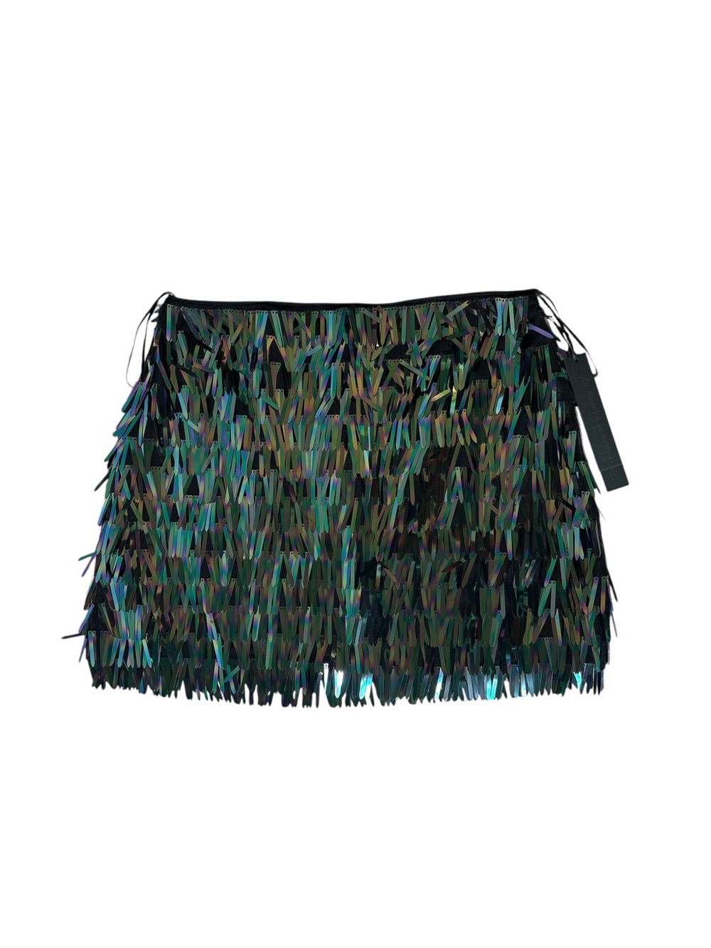 House of Harlow 1960 Iridiscent Fringe Mini Skirt - Black/GREEN Sz Large